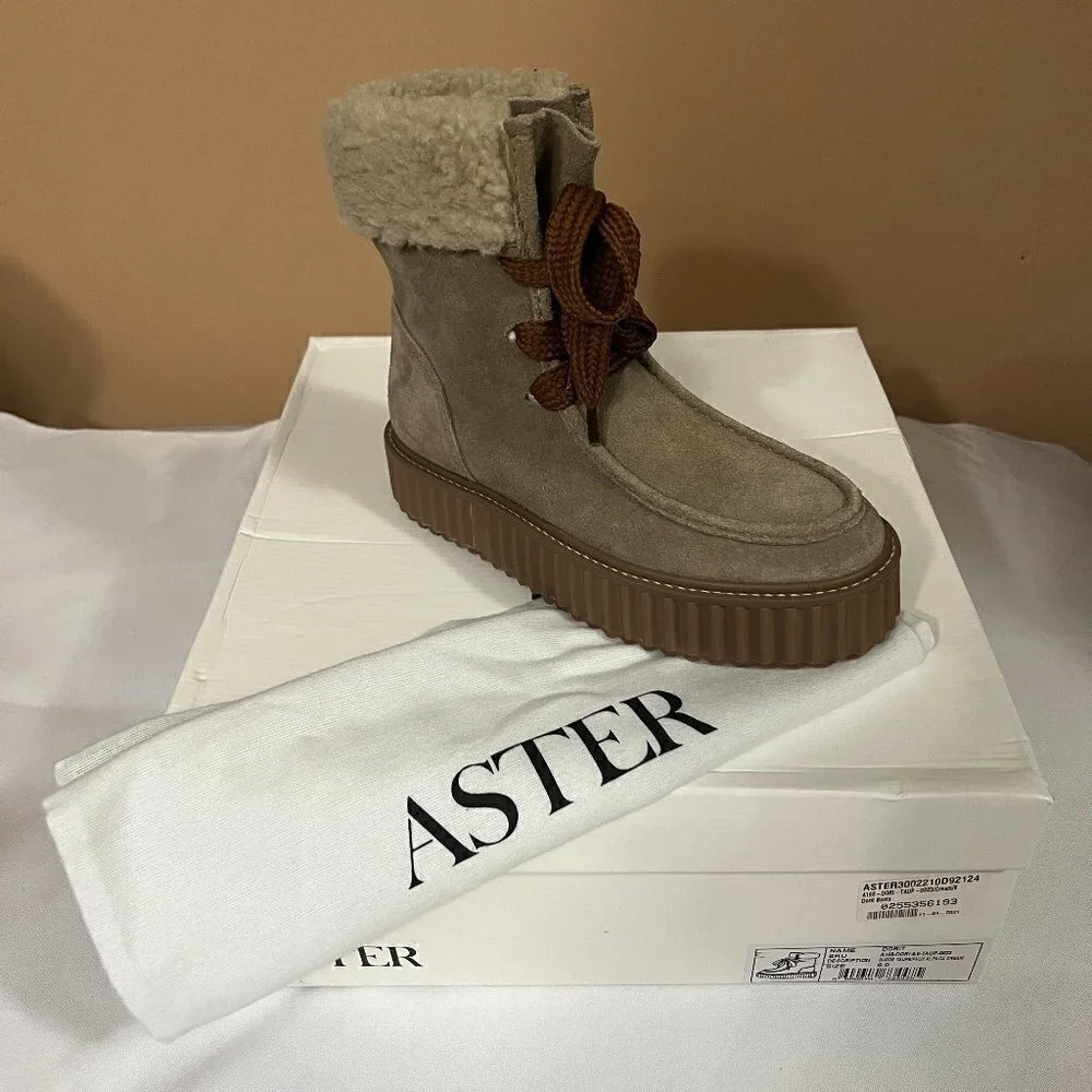 ASTER Dorit Boots Platform Suede Taupe Faux Alpaca Cream Lug Sole Women's 6 NWB